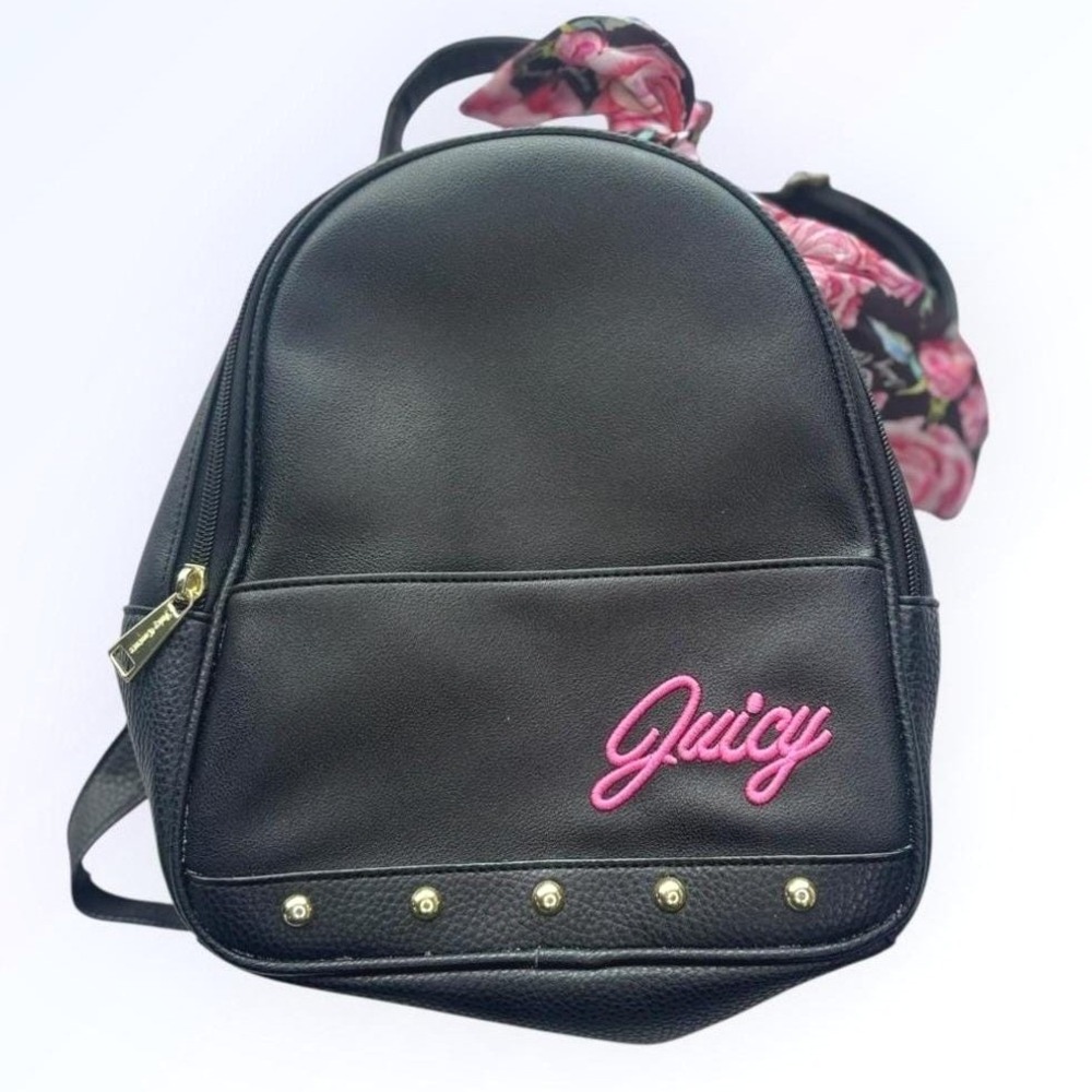Juicy Couture Black Mini Backpack Pink Embroidered Logo Floral Scarf Gold Studs